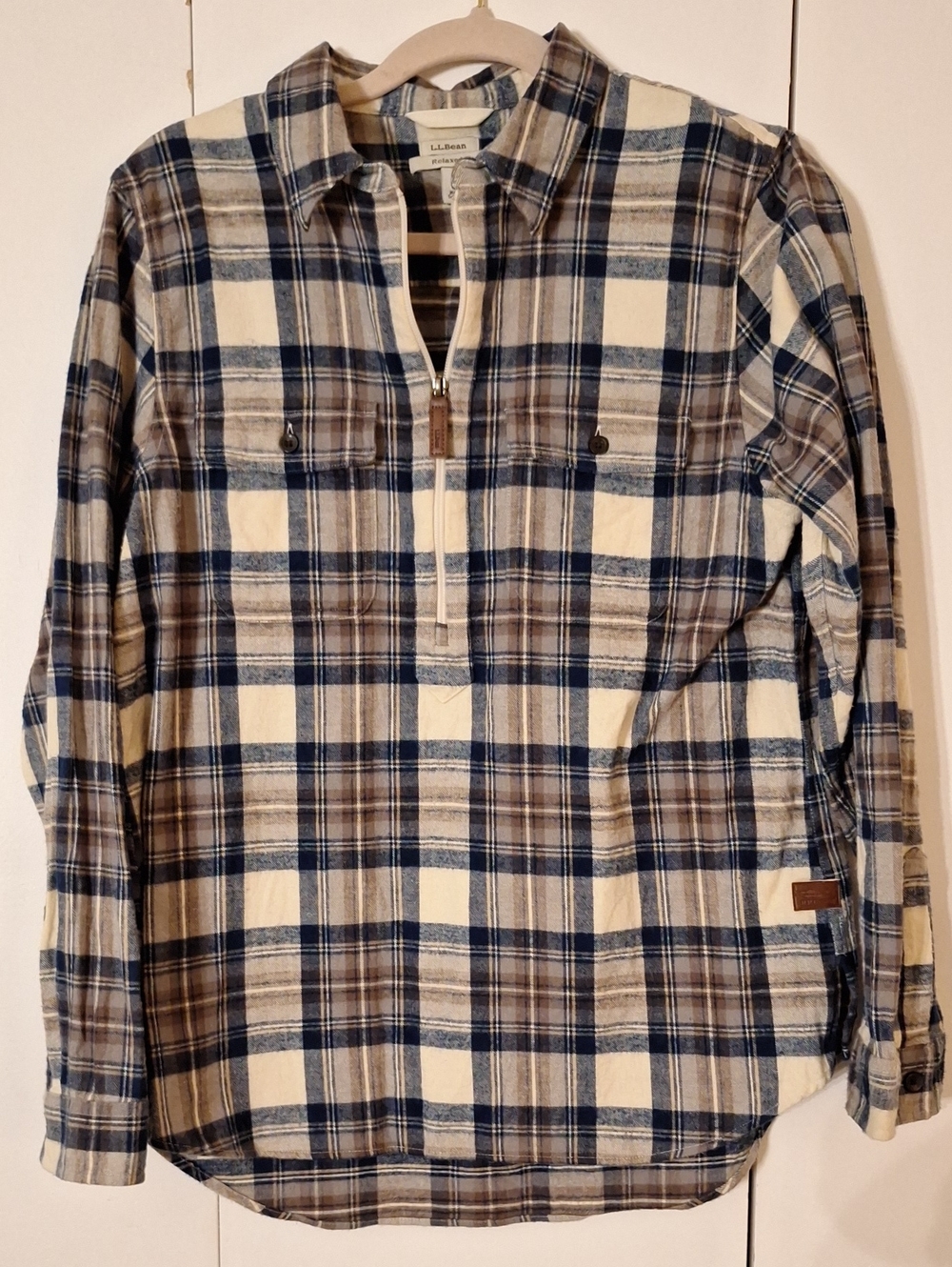 L.L. Bean Cream, Blue & Brown Plaid Half Zip Top